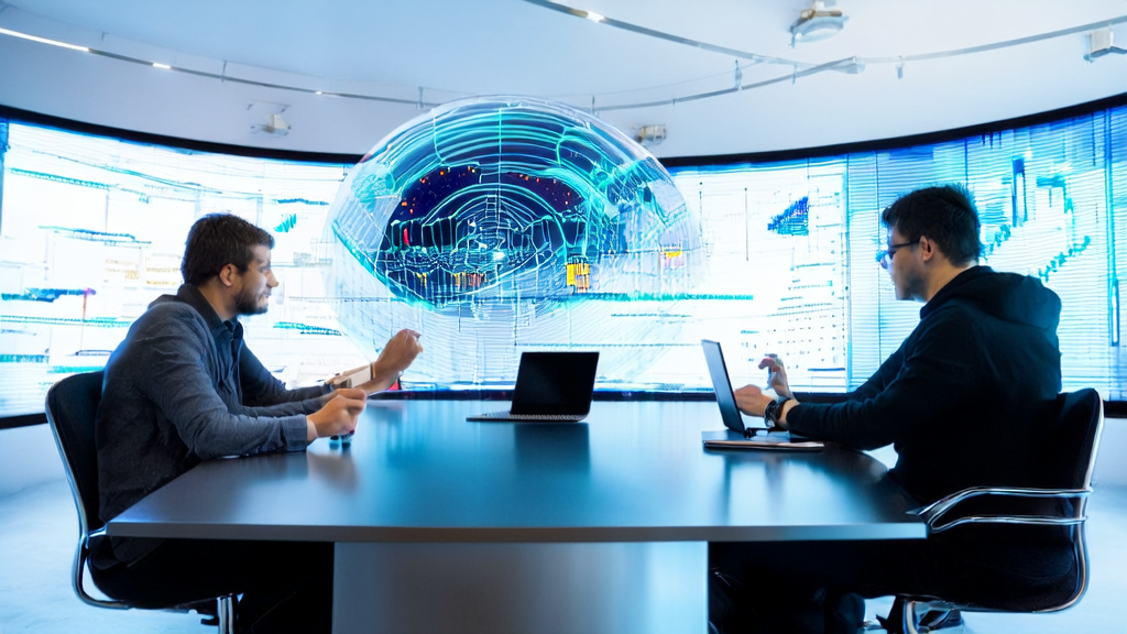 在充满科技感的办公室中,专业人士正在讨论如何通过AI优化广告投放策略,精准触达目标人群并降低CPA。