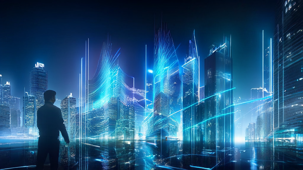 在未来城市中,AI控制中心精准管理广告投放,数据流如瀑布般流向各个角落,展示AI优化广告投放的强大功能。