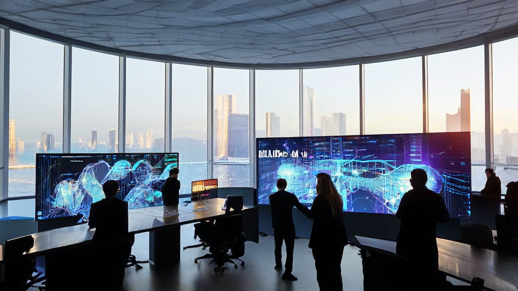 Engineers are presenting the latest AI-optimized advertising system in a modern office space illuminated by sunlight through large windows.