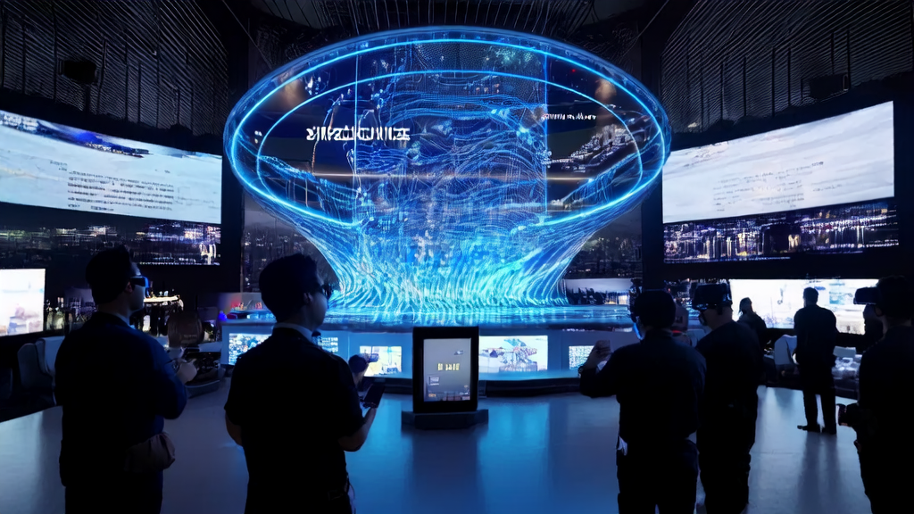 AI advertising hub in a futuristic city, showcasing real-time data analysis and multilingual ad copy generation