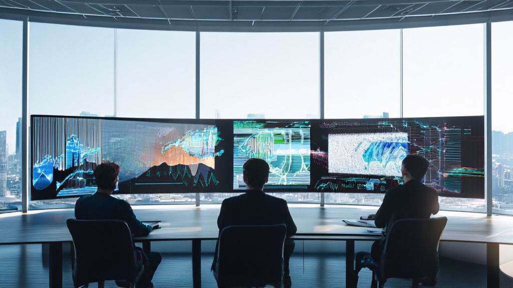 Data scientists in an office using AI technology to optimize advertising strategies, with a view of the bustling city outside.