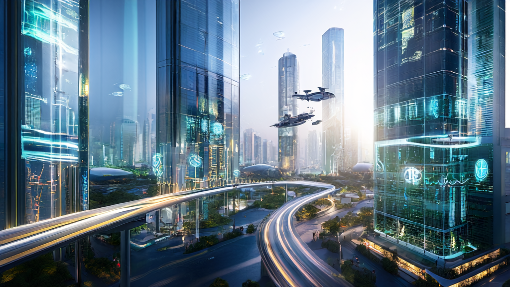 In a modern office in a futuristic city, professionals are using AI technology to optimize advertising strategies.