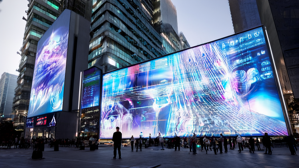 A scene in a futuristic city where AI technology is used for personalized advertising