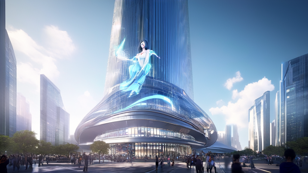 In a futuristic city, a high-tech building's screen displays AI-generated 3D animation ads, drawing the attention of passersby.