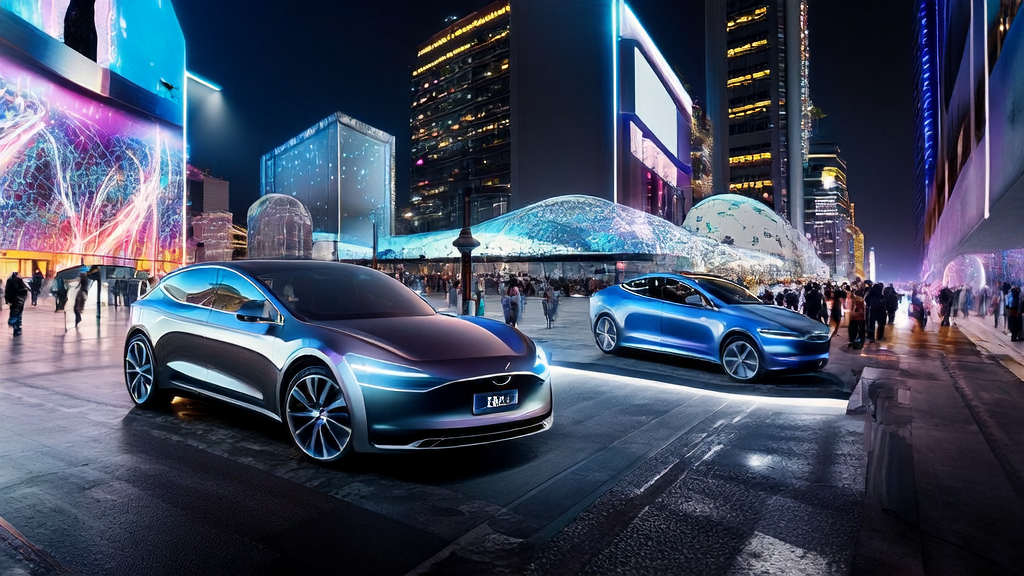 未来城市中的AI广告投放场景，展示特斯拉xBot和沃尔沃“小沃”的个性化广告