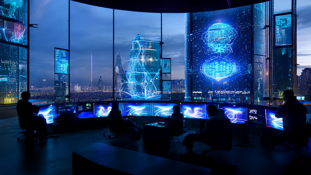 In a futuristic city, technicians discuss AI-optimized advertising strategies near skyscrapers and large screen ads, showing 2025 prediction data and user behavior analysis, with a teenager coding nearby.