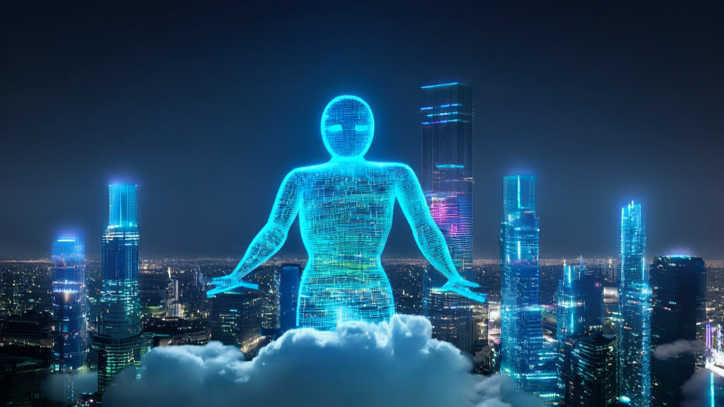 未来城市的办公楼顶，微软全新AI形象Mico展示先进对话能力，代表2025年AI广告投放新趋势