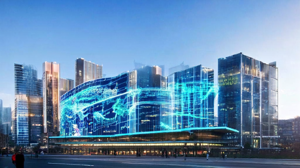 未来城市中的AI广告投放技术展示，分析师使用Claude金融版优化广告数据处理