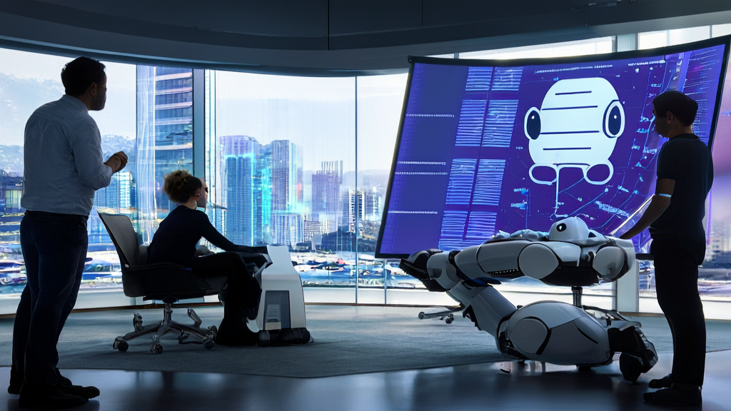 Engineers discussing technical challenges in AI-based customer data collection, with a background scene of the Gemini robot showing a failed debugging scenario.