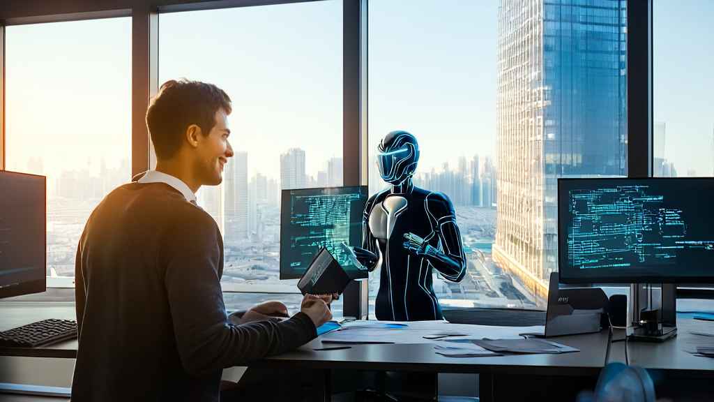 A modern office setting where a programmer works alongside AI assistant Devon, symbolizing the new era of intelligent finance.