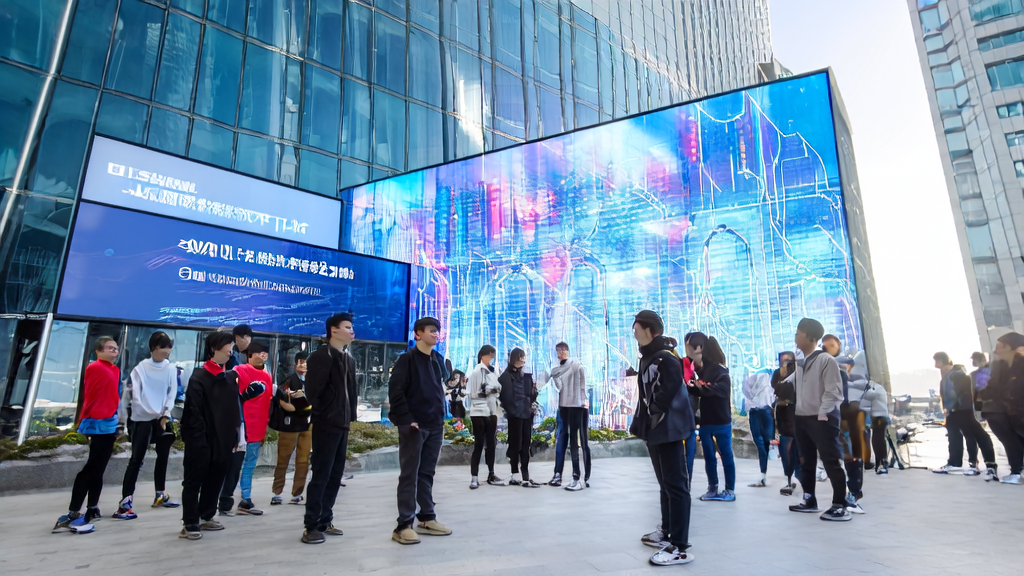 阳光下，一群年轻人在现代办公大楼前讨论AI技术，大楼屏幕展示AI助力跨境电商获客新趋势。