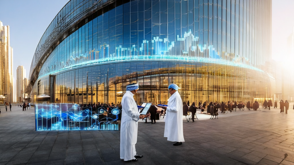 Scene of businesses in a Middle Eastern city using AI technology for efficient customer acquisition