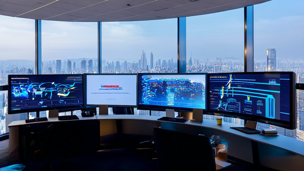 Employees in a SaaS office using AI tools to analyze global market data, with a city skyline in the background