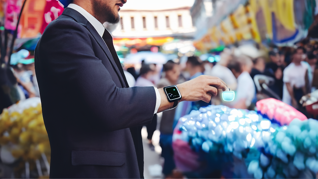 外贸销售人员在繁忙市场中使用Apple Watch与AI助手互动查询客户信息并生成销售提案