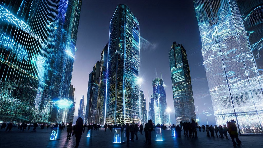 AI big data customer acquisition system in a futuristic city showcasing cross-border e-commerce product selection and market expansion