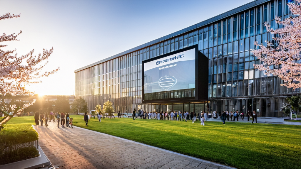 现代化办公楼内，团队正在讨论AI大数据智能获客系统，背景是NVIDIA GeForce GPU的发布会视频。