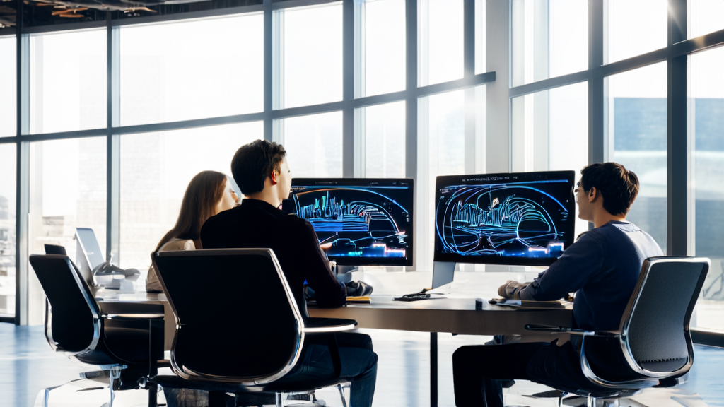 Modern e-commerce office where technicians discuss how to boost sales using AI acquisition tools