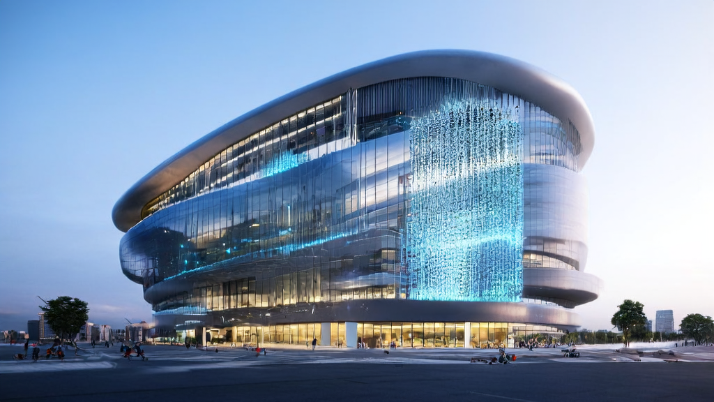 In a futuristic city, engineers inside an independent station office building use AI technology to optimize keyword strategies for traffic and conversion growth.