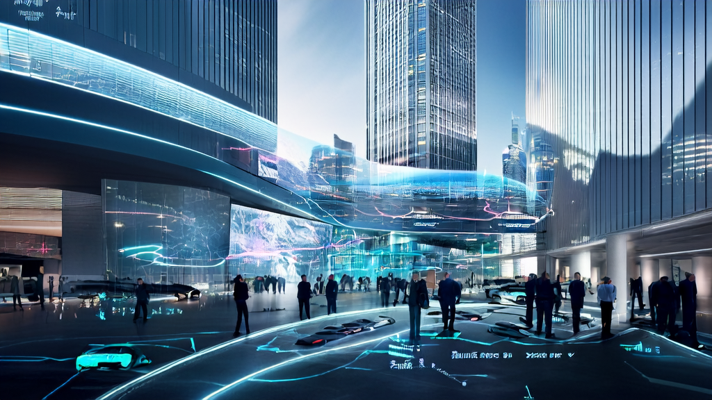 A scene of marketing innovation using Tencent Cloud AI Builder in a futuristic city