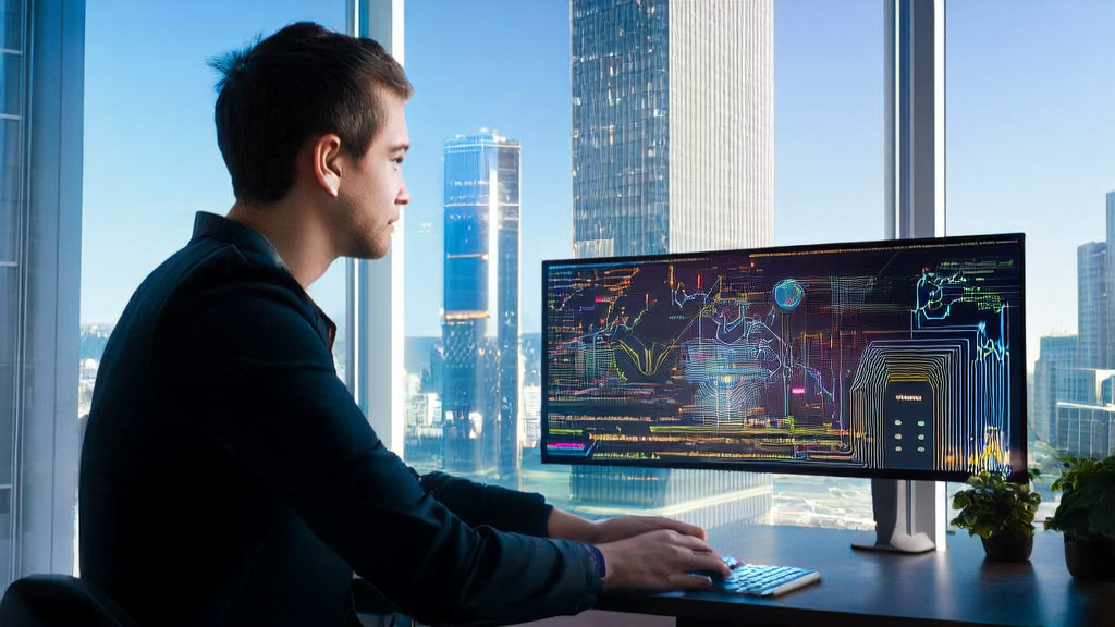 年轻创业者在充满阳光的现代化办公室中使用AI预测模型和NeuralOS操作系统筛选优质客户