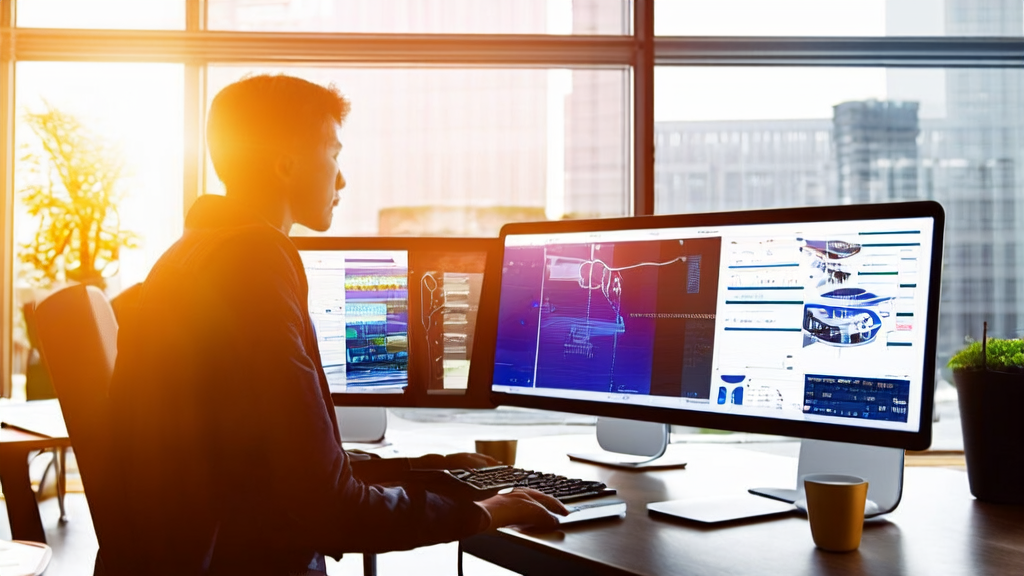 阳光照耀下的办公室，员工正在使用AI工具进行客户采集和分析