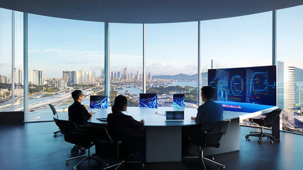 现代化办公室内的AI客户获取场景，展示从数据清洗到智能邮件营销的全流程