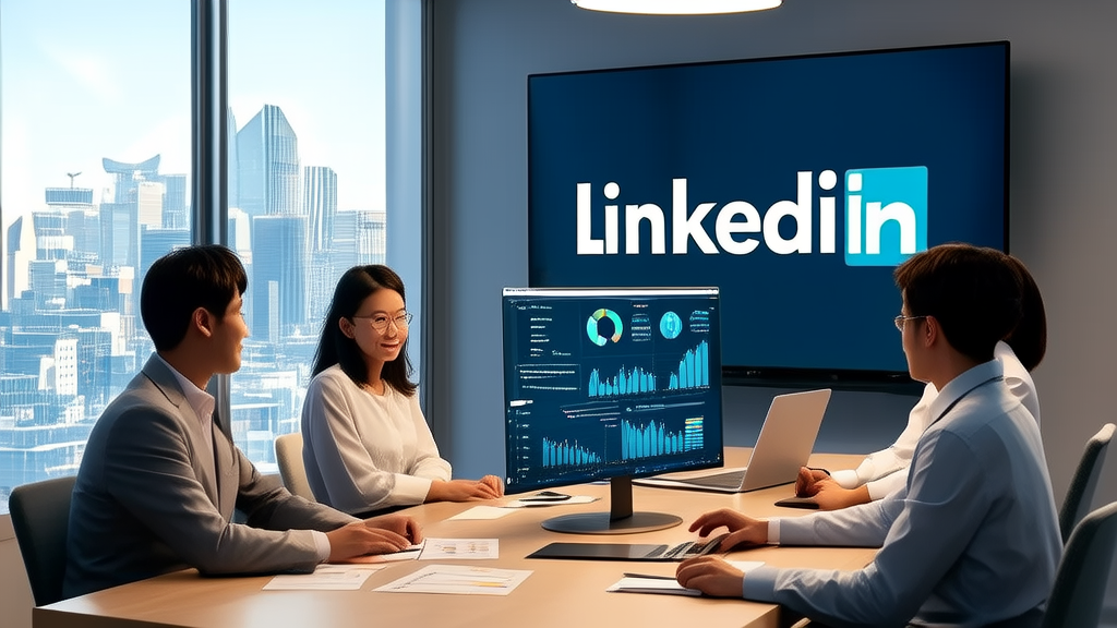 在现代化办公室中，员工使用AI工具分析LinkedIn客户数据，窗外是美丽的城市天际线。