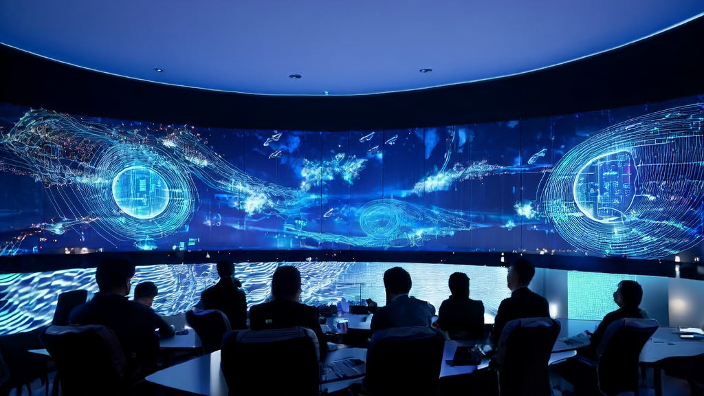 In a high-tech meeting room of a future city, entrepreneurs are discussing AI-optimized advertising strategies while showcasing real-time global market data.