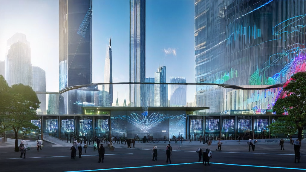 In a futuristic city, a tech company showcases its latest AI client data collection system with the Delaware state emblem in the background