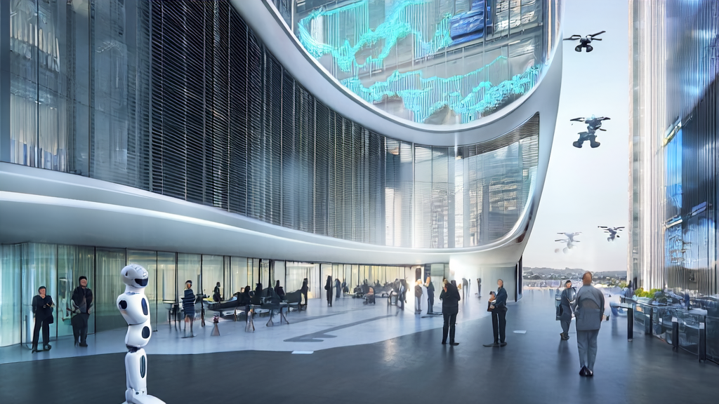 In a modern office building in the city center, employees use AI tools for client data collection and analysis, showcasing an efficient work environment.