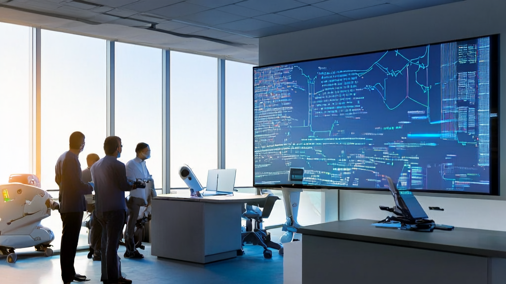 Employees in a modern office using AI technology for client data collection and cleaning services