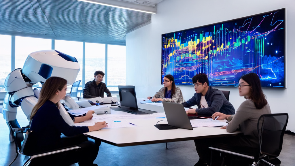 A modern office where a young team discusses AI-based customer data collection and email marketing strategies