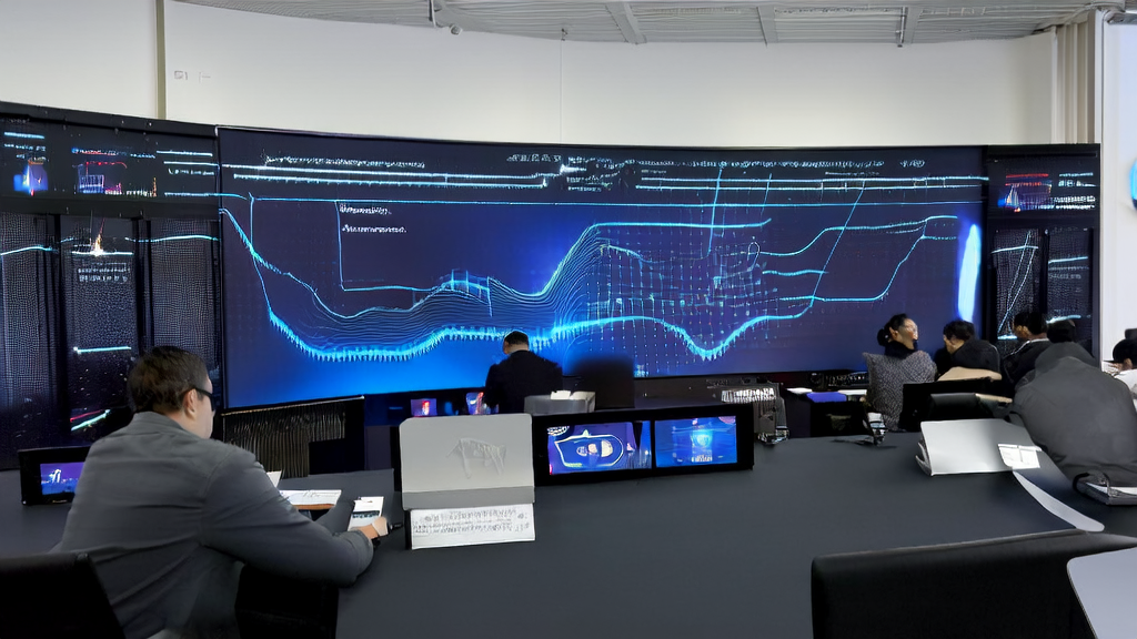 现代办公室中工作人员使用阿里Ovis-U1多模态AI设备进行客户数据采集和高转化邮件策略规划