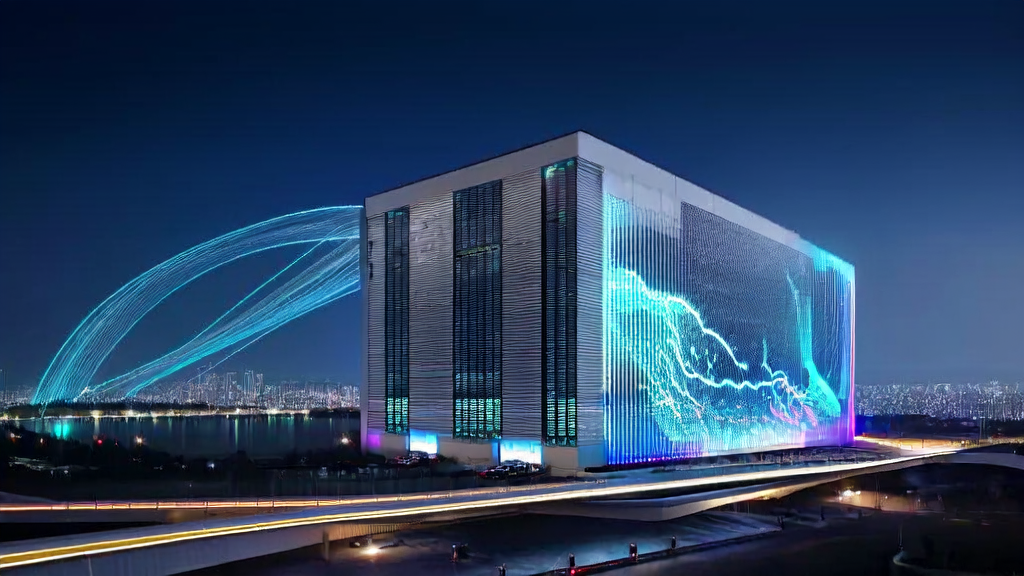A futuristic data center and Tesla Dojo 2 chip showcasing the integration of AI client data collection and high-performance computing