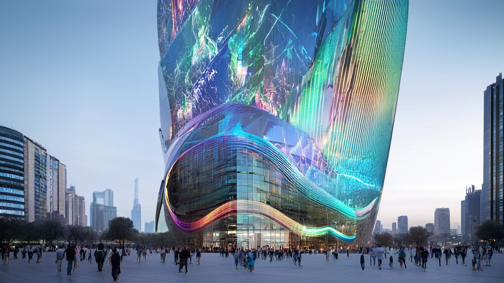 AI client data collection technology showcased in a futuristic city skyline