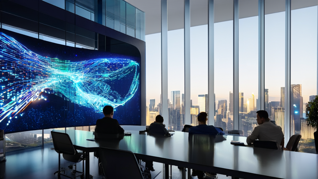 未来办公室中技术人员利用AI客户数据采集和虚拟专家对话进行工作