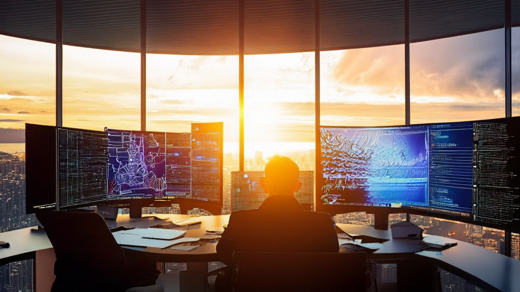 A data scientist working in a high-tech office with city skyscrapers and distant tropical storm clouds in the background.