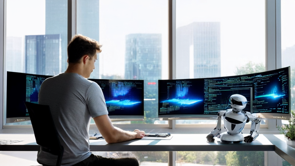 In a modern office bathed in sunlight, a programmer uses AI technology for client data collection and analysis