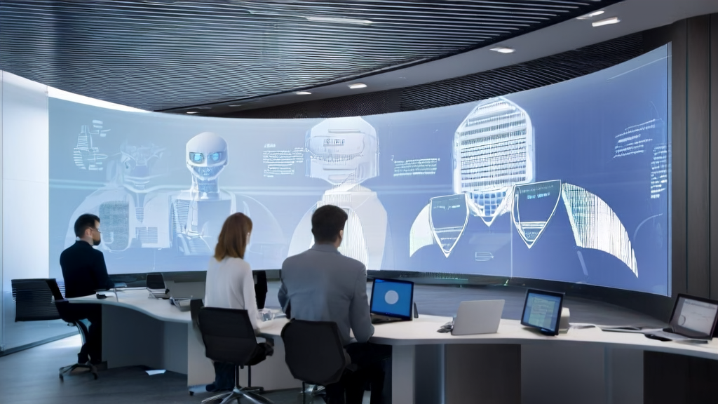 Modern office employees using AI client data collection and Google Portraits for email marketing optimization