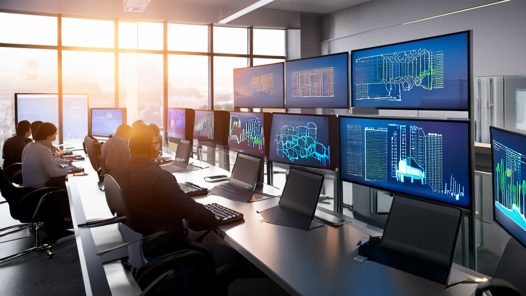 现代化办公室中员工利用AI技术进行客户数据采集和邮件营销分析