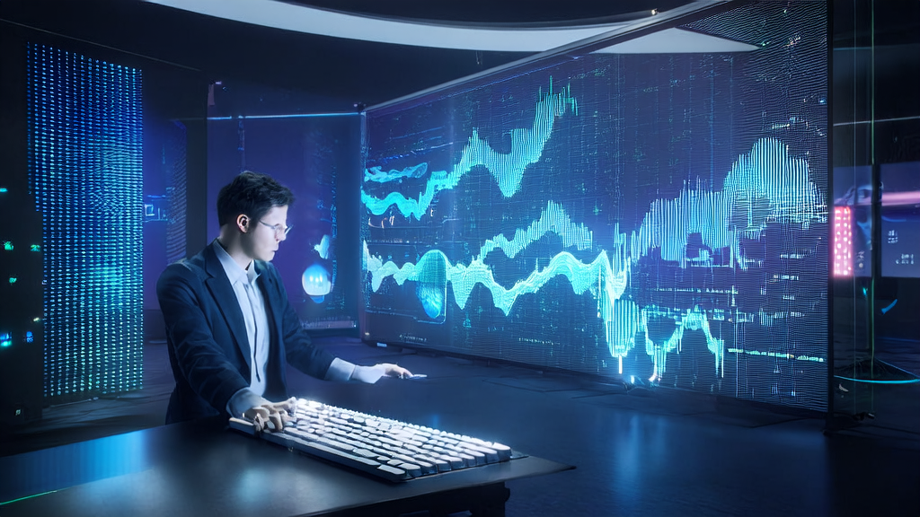 未来科技办公室中分析师使用AI系统进行客户数据分析