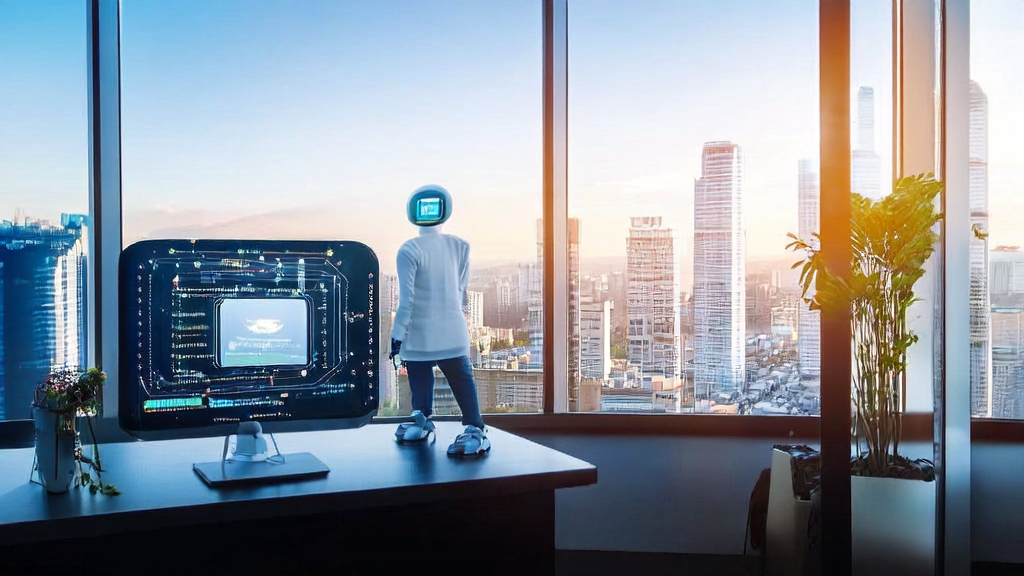 Entrepreneur using AI client digging platform to expand into global markets, with a backdrop of a bustling city skyline