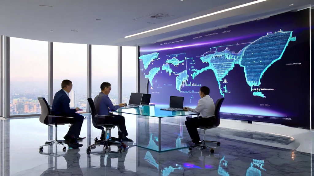 现代办公室中,职业人士正在讨论AI客户预测模型和广告优化策略,助力跨境电商增长。