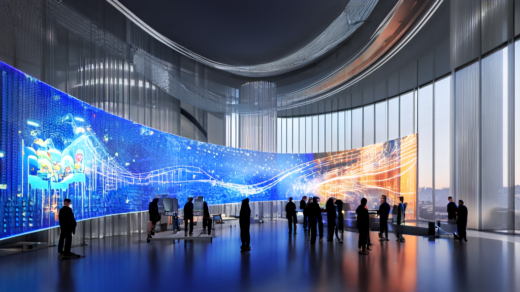 In a futuristic office within a city skyline, employees are discussing AI client prediction models and personalized email marketing data analysis, with Disney character animations projected on transparent glass walls.