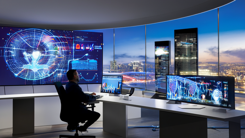 未来2025年的办公室内，数据科学家使用AI客户预测模型进行精准获客分析