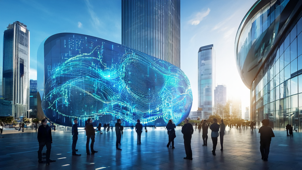 未来城市中的技术人员讨论AI客户预测模型，背景是高楼林立和繁忙的街道