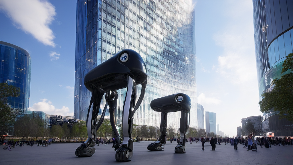 小鹏汽车发布的新一代人形机器人 IRON 在城市中心展示，旁边是使用AI客户预测模型的跨境电商企业员工