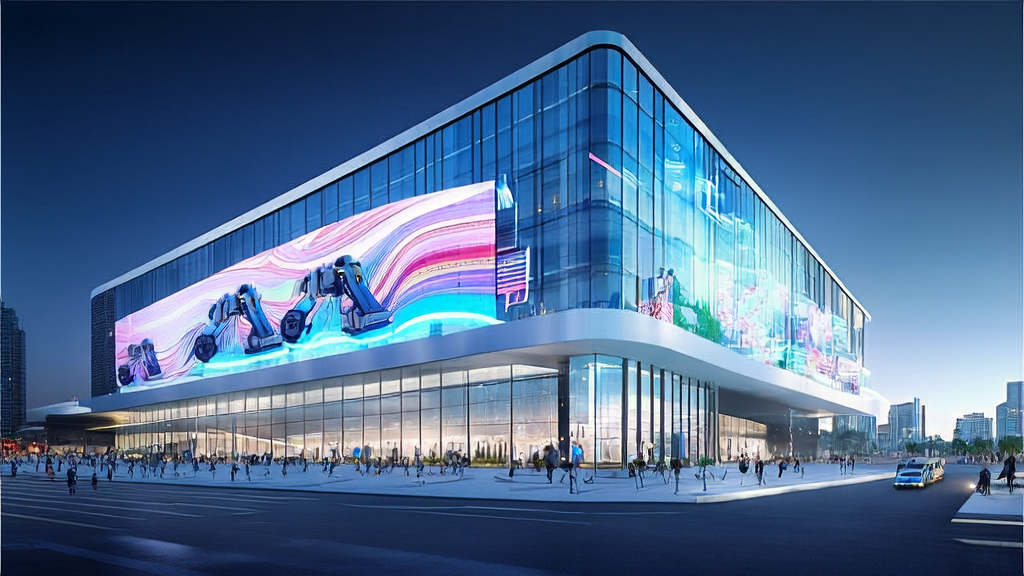 未来科技城市中的跨境电商办公楼，展示AI客户预测模型和通用具身智能系统的应用场景。