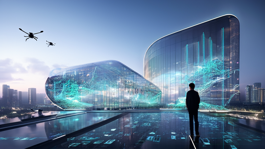 未来城市的办公大楼内,创业者使用AI客户预测模型分析全球市场数据,窗外无人机穿梭运送商品,展现AI时代跨境电商的高效获客策略。