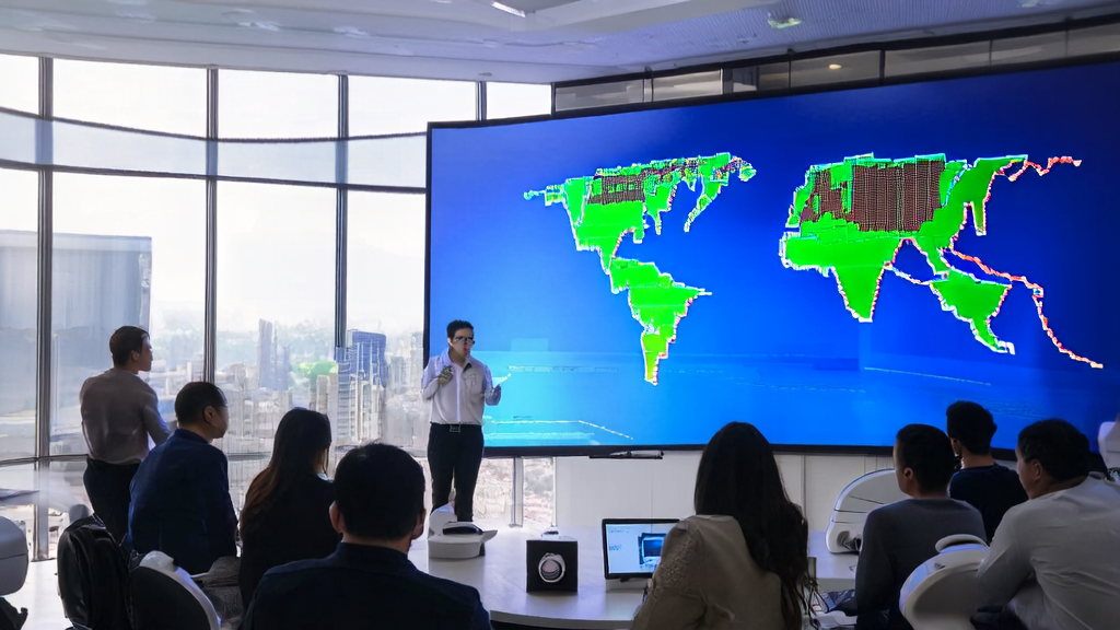 AI client prediction model in a modern office setting, showcasing data analysis and smart robot interaction